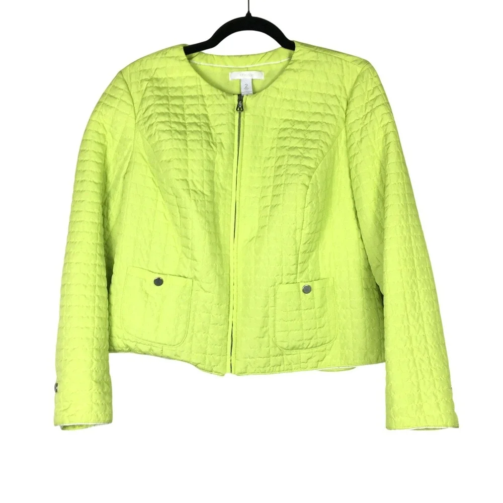 Chico's Quilted Jacket Womens 2 Large‎ Neon Lime Green Excellent Full Zip Pocket